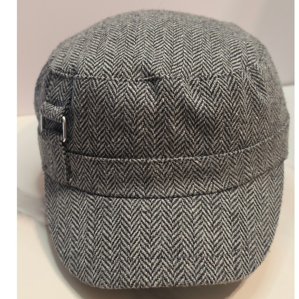 Grey Herringbone Cadet Cap Wool Blend Military Style Newsboy Hat Silver Hardware